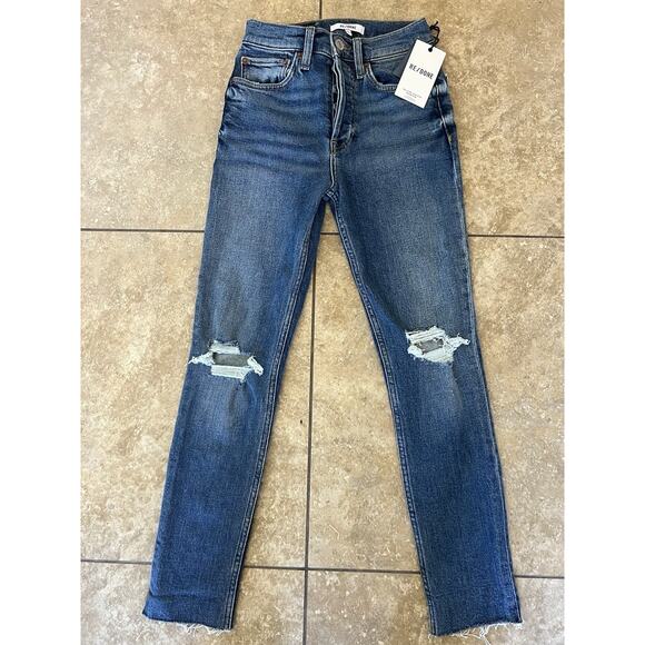 NWT RE/DONE ORIGINALS High Rise Ankle Crop Jean in Dusk Destroy Size 24 - Picture 9 of 16